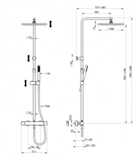 Colonne de douche ENZAN NERO pomme de douche et douchette baton avec mitigeur thermostatique