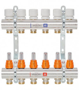 Répartiteur de chauffage EVENES type 6 6 DN25 1 laiton 6 circuits avec debitmetre