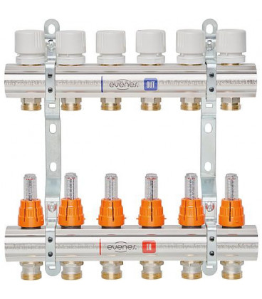 Repartiteur de chauffage EVENES Type M6.12, DN25(1") laiton 12 circuits, avec debitmetre