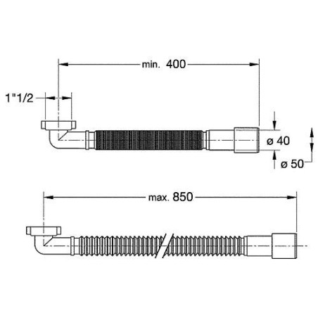 Tuyau de raccordement flexible 90° coude 11/2"x50/40mm Longueur 400-850mm