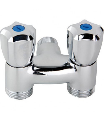 Robinet MAL double chromee, 3/4"x1/2"x3/4"male 2 puisages avec anti retour