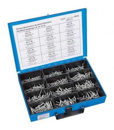 Coffret de 550 rivets borgnes alu/acier dans mallette en tole