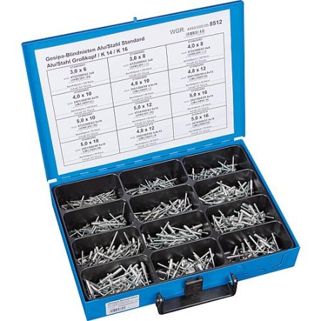 Coffret de 550 rivets borgnes alu/acier dans mallette en tole