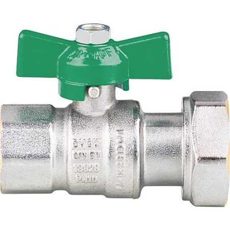 Robinet spherique eau potabl fem. DN20(3/4") x ecrou DN25(1") laiton chrome, certifie DVGW