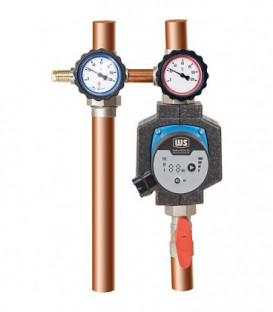 Dispositif d'arrêt pompe DN25(1") Bypass, ecoule. droite, ecrou et thermometre rouge/bleu