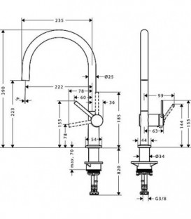 Mitigeur d'evier Hansgrohe 220 Talis M54, fonctionnemt. latéral bec pivot. 360°, entraxe 222 mm