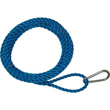 Corde pour montage, boucle d'un cote avec mousqueton, autre bout lisse polypropylene bleu, 20 mm, L 15 m