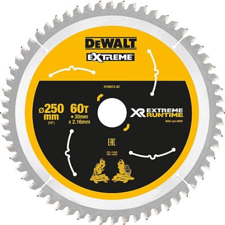 Lame de scie circulaire DeWalt, DT99573 XR Extreme Runtime 60Z 250/30 mm