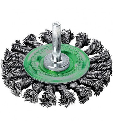 Brosse ronde tordadée diam. 75mm avec tige 6mm, fil d'acier inox 0,5mm