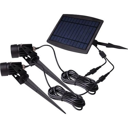 Kit eclairage solaire sur pile 2 x spots 70lm avec 3 m de cable 2 pieds a enterrer inclus