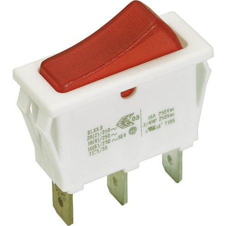 Commutateur a bascule blanc 16 A connexion soude, prise embrochable 6,3 mm. avec lampe temoin rouge