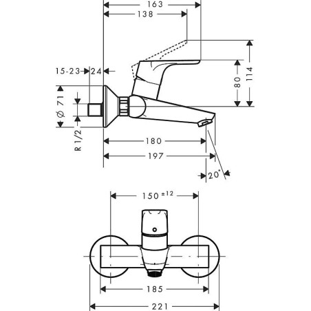 Mitigeur vasque mural Hansgrohe Focus, chrome entraxe: 197mm