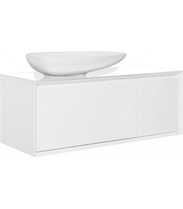 Meuble  vasque ceramique, EKIRA 2 tiroirs blanc brillant, tablette verre en blanc  1090 546 460mm