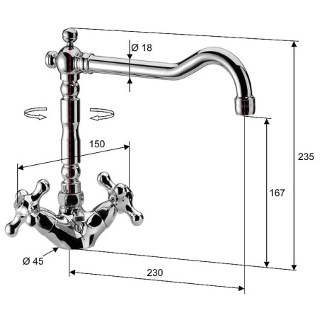 Melangeur de lavabo surélevé (RETRO) 2 poignées saillie 230 mm - chromé