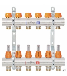 Collecteur de circuit de chauffage evenes M 6,4 Dynamic, DN25 (1") laiton, 4 circuits de chauffage avec débitmètre