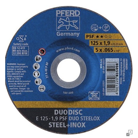 Disque de découpage/à meuler PFERD, Ø 125 x 1,9 x 22,23mm coudé, pour acier, inox