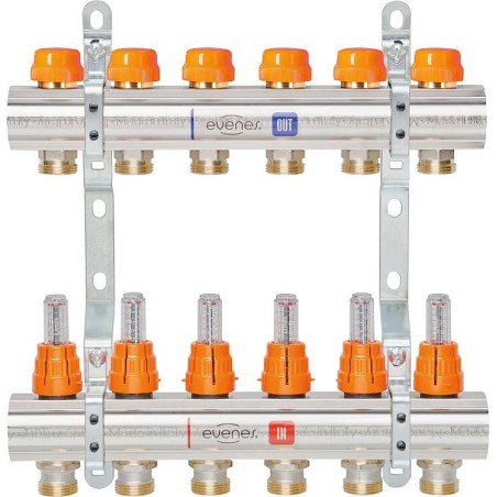 Collecteur de circuit de chauffage evenes M 6,7 Dynamic, DN25 (1") laiton, 7 circuits de chauffage avec débitmètre