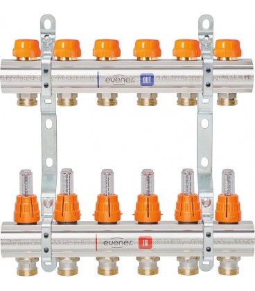 Collecteur de circuit de chauffage evenes M 6,8 Dynamic, DN25 (1") laiton, 8 circuits de chauffage avec débitmètre