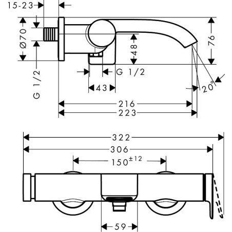 Mitigeur bain/douche apparent Hansgrohe Vivenis, déport 223 mm, chromé