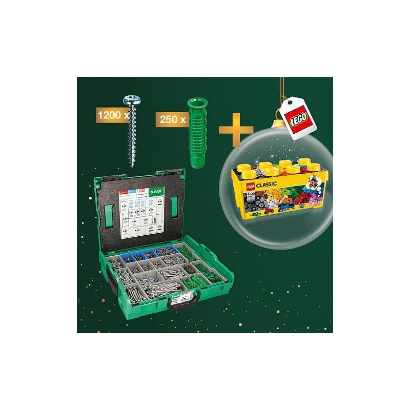 Pack promo Assortiment de vis à tête demi-ronde pour électriciens + 6 Embouts en L-BOXX®, 1456 pièces + boîte de briques Lego