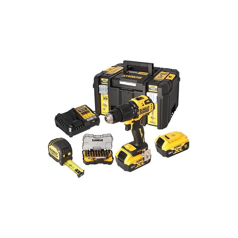 Kit Perceuse-visseuse à percussion sans fil DeWALT DCZ100P2KT-QW, 18 V 2x Batteries + chargeurs 5,0 Ah, Jeu d’embouts,