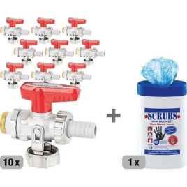 Pack promo 10x Robinets à boisseau sphérique KFE 1/2", passage avec Raccords vissés de tuyaux + 1x seau Scrubs gratuit