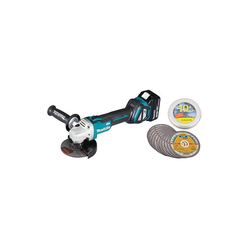 Meuleuses d’angle sans fil Makita 18 V DGA511RTJ avec 2x 5,0 Ah Batteries et Chargeur avec kit de disques à tronçonner 11 pièces