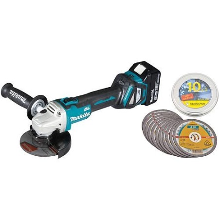 Meuleuses d’angle sans fil Makita 18 V DGA511RTJ avec 2x 5,0 Ah Batteries et Chargeur avec kit de disques à tronçonner 11 pièces