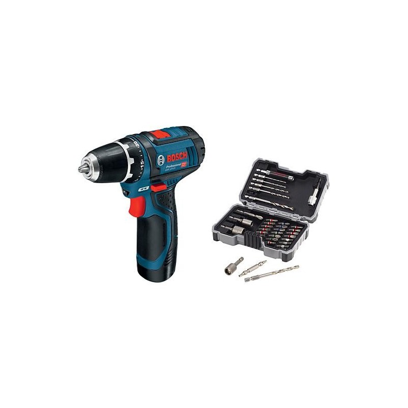 Perceuse-visseuse sans fil 12 V GSR 12V-15 Bosch avec 2 batteries 2,0 Ah et chargeur, y compris jeu de forets à métaux et