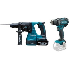 Kit Makita 18 V composé d’un Perforateur-burineur sans fil et d’une Perceuse-visseuse sans fil avec 2 Batteries 5,0 Ah +