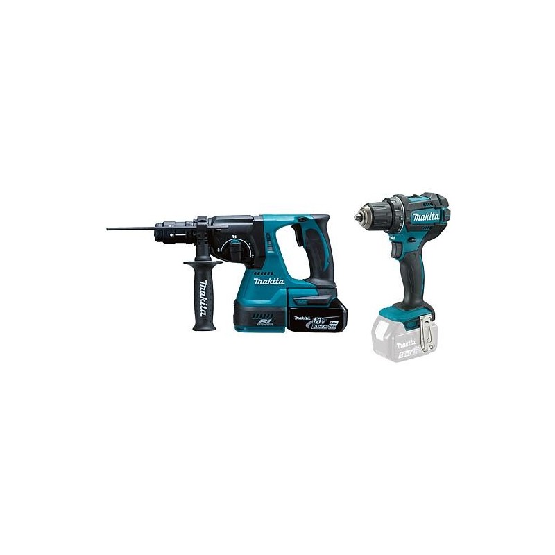 Kit Makita 18 V composé d’un Perforateur-burineur sans fil et d’une Perceuse-visseuse sans fil avec 2 Batteries 5,0 Ah +