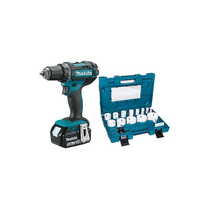 Perceuse-visseuse sans fil Makita 18 V DDF482RFJ avec 2x Batteries 3,0 Ah et Chargeur + Kit de scie cloche