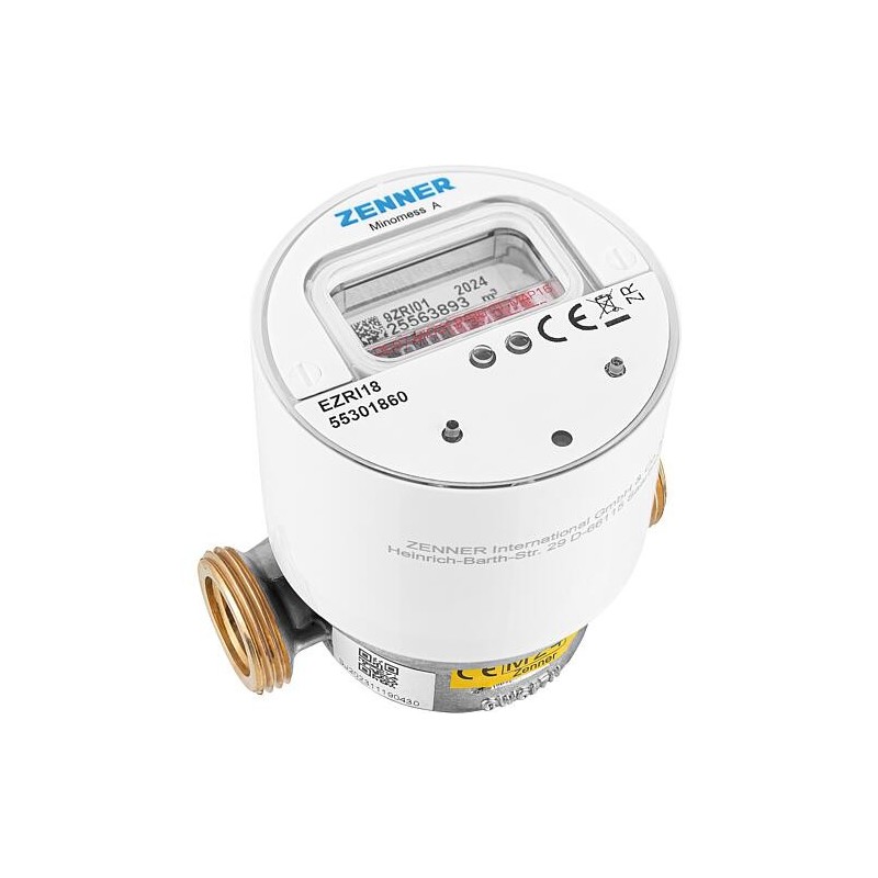 Compteur d’eau chaude sans fil en saillie Zenner type Minomess 90°C Q3 2,5, BL 80mm DN15(1/2") R40HV 325 RK, wireless M-Bus