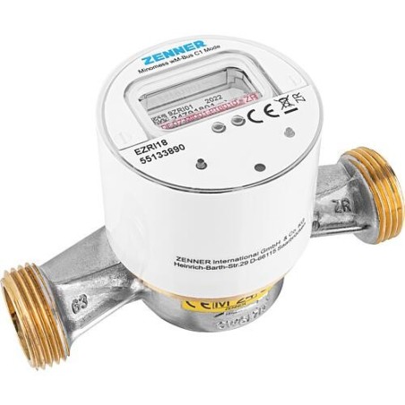 Compteur d’eau chaude sans fil en saillie Zenner type Minomess 90°C Q3 2,5, BL 130mm DN15(1/2") R40HV 325 RK, wireless M-Bus