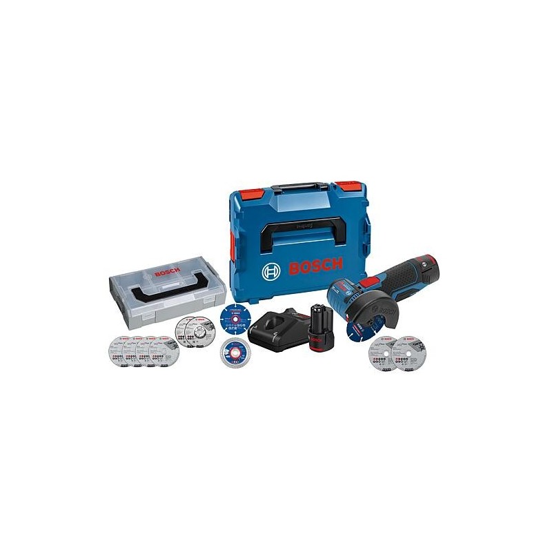 Kit Promo Bosch 2 pièces, composé d’une Meuleuse d’angle sans fil GWS 12V76 et d’un jeu de Disques et jeu de batterie