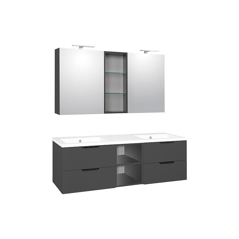 Ensemble meubles de salle de bain LOSSA avec Armoire à glace LED anthracite mat et meuble sous vasque, largeur 1550 mm