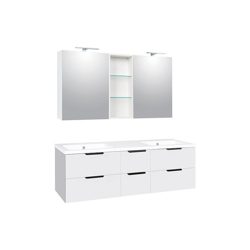 Ensemble meubles de salle de bain LOSSA avec Armoire à glace LED blanc brillant et meuble sous-vasque largeur 1550 mm