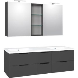 Ensemble meubles de salle de bain LOSSA avec Armoire à glace LED anthracite brillant et meuble sous-vasque largeur 1550 mm