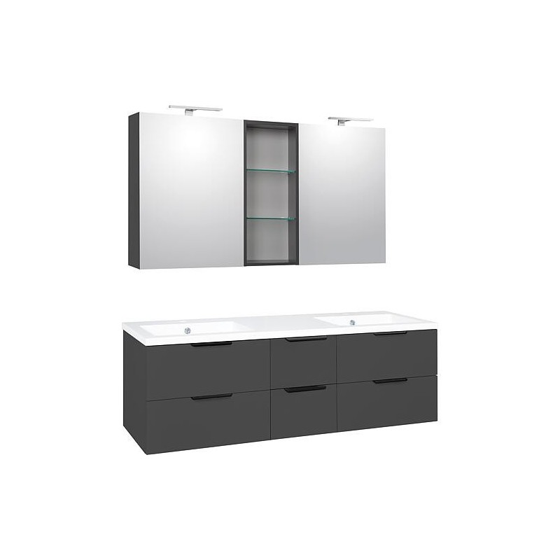 Ensemble meubles de salle de bain LOSSA avec Armoire à glace LED anthracite brillant et meuble sous-vasque largeur 1550 mm