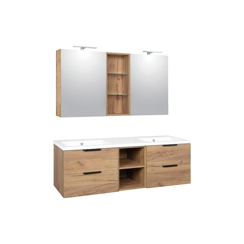 Ensemble meubles de salle de bain LOSSA avec Armoire à glace LED Chêne noueux et meubles sous-vasque Cortina 4 tiroirs + 2