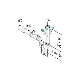 Siphon de rinçage DN40(1 1/2") avec aérateurs tubulaires, Sortie Ø50mm