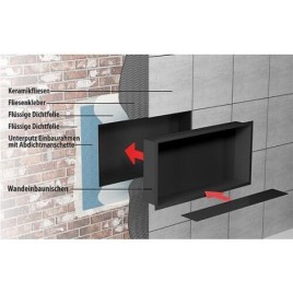 Niche murale pour douche avec cadre de montage et manchette d’étanchéité 624x324x100mm, revêtement par poudre noir