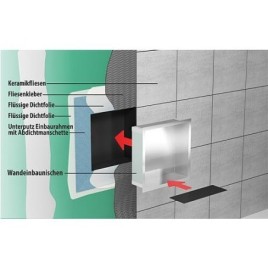 Niche murale pour douche avec cadre de montage et manchette d’étanchéité 324x324x100mm inox brossé