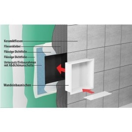 Niche murale pour douche avec cadre de montage et manchette d’étanchéité 324x324x100mm inox brossé