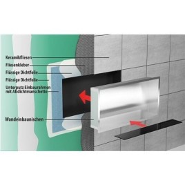 Niche murale pour douche avec cadre de montage et manchette d’étanchéité 624x324x100mm, inox brossé