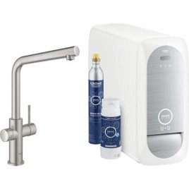 Mitigeur d’évier Grohe Blue Home Starter Kit, bec en L supersteel avec filtre S-Size, bouteille de CO2 et refroidisseur