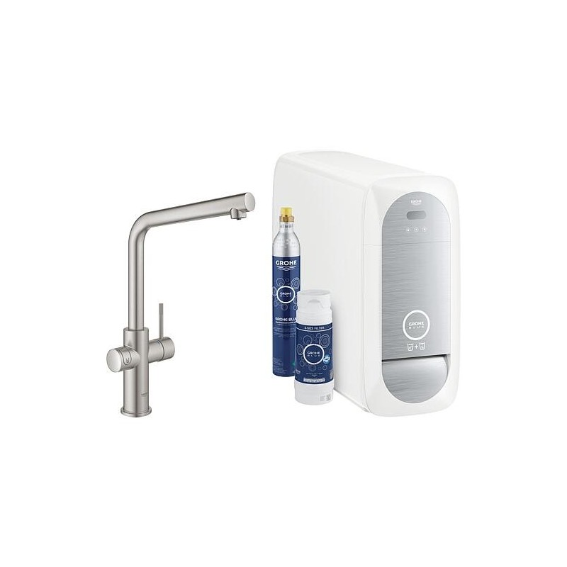 Mitigeur d’évier Grohe Blue Home Starter Kit, bec en L supersteel avec filtre S-Size, bouteille de CO2 et refroidisseur