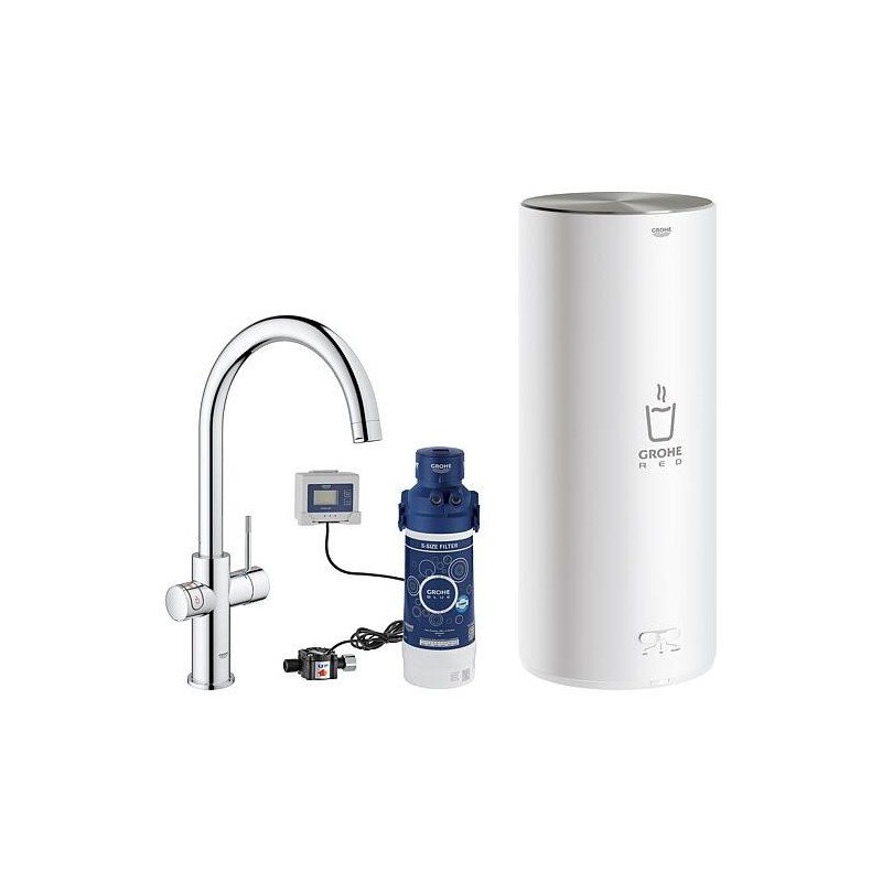 Mitigeur d’évier Grohe Red Duo, bec C chromé avec chauffe-eau L et filtre S-Size Starter Set