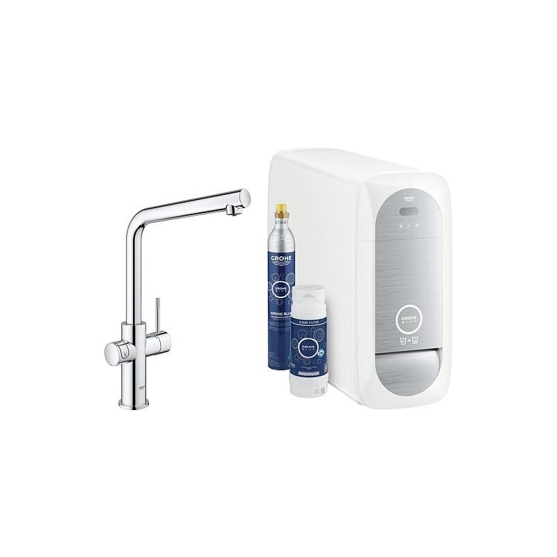 Mitigeur d’évier Grohe Blue Home Starter Kit, bec chromé avec Filtre S-Size, bouteille de CO2 et réfrigérant