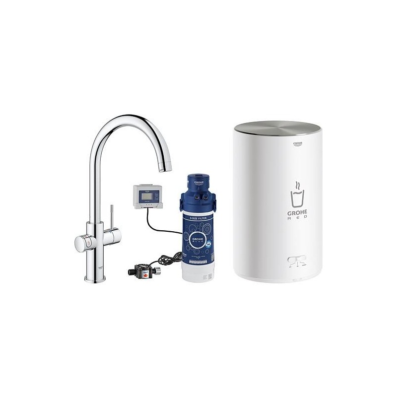 Mitigeur d’évier Grohe Red Duo, bec C chromé avec chauffe-eau M et filtre S-Size Starter Set